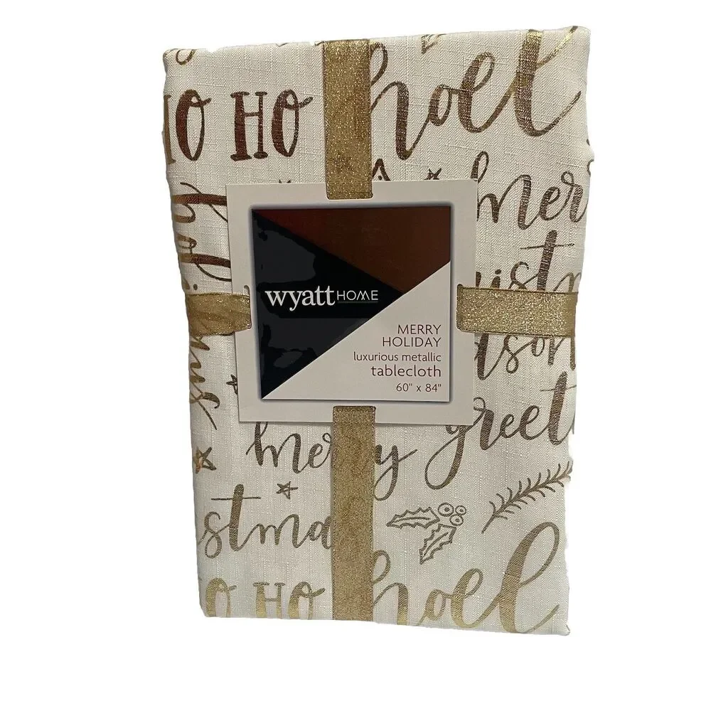 Christmas Tablecloth 60 x 84 White and Gold Metallic Christmas Greetings Print